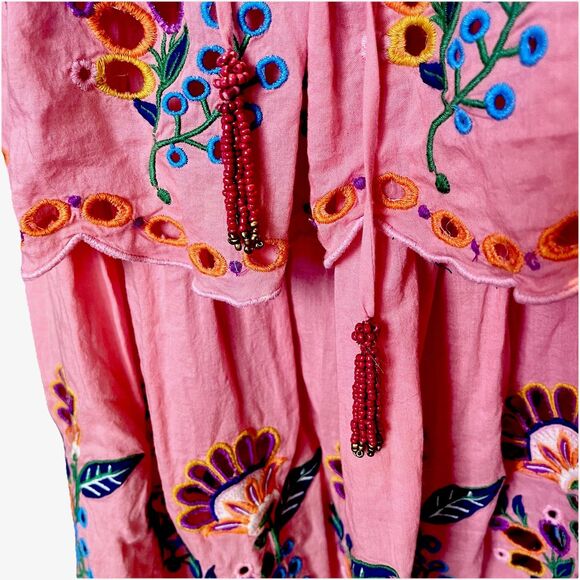 Farm Rio Richelieu Crossed Front Midi Dress Medium Pink Embroidered A Line - Picture 10 of 16